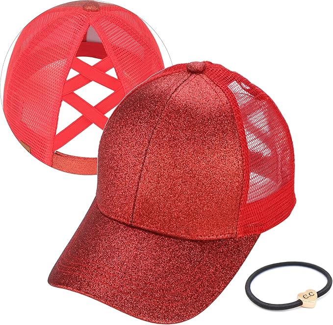 C.C Ponycap Messy High Bun Ponytail Adjustable Glitter Mesh Trucker Baseball Cap
