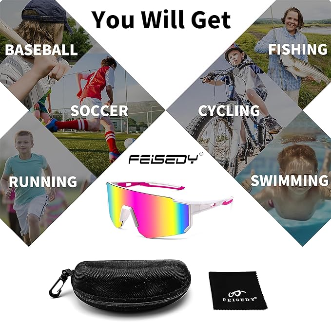 FEISEDY Kids Sunglasses Youth Baseball Sun Glasses, UV400 Sports Teens Cycling Shades for Boys Girls Age 8-16 B0048