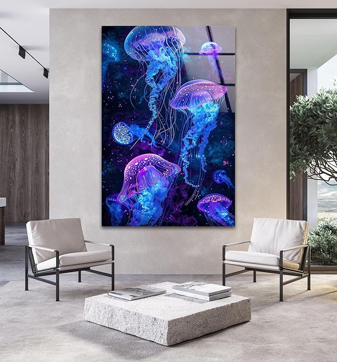 My Photostation.com 32Wx48H'' Glowing Jellyfish Glass Wall Art Tempered Glass - Image 2
