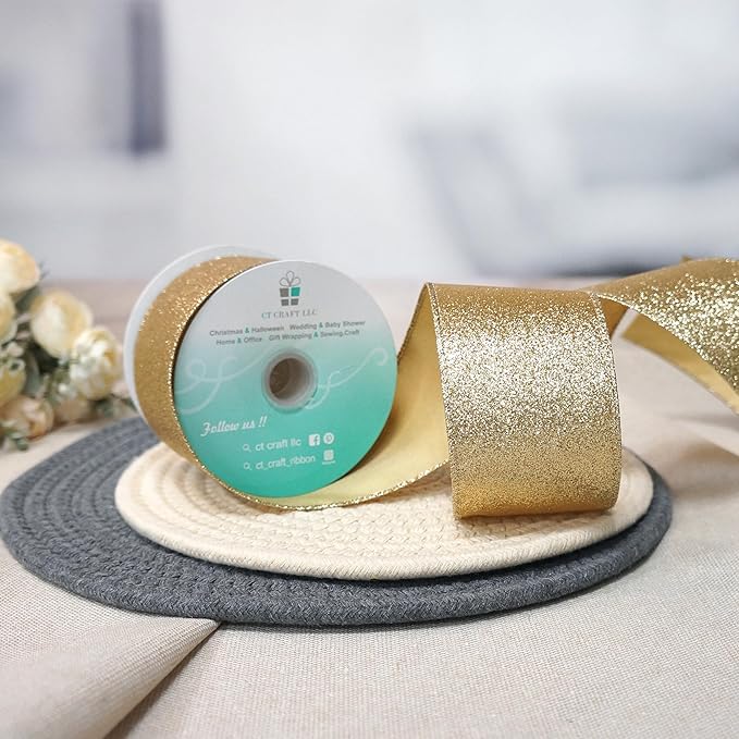 CT CRAFT LLC Glitter Wired Ribbon 2.5" x 10 Yards Light Gold - Image 4