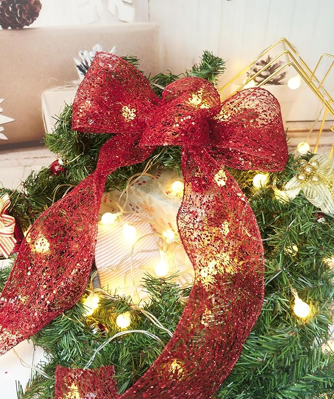 CT CRAFT LLC Sparkling Glitter Mesh Wired Ribbon 4" x 10 Yards Red - Image 6