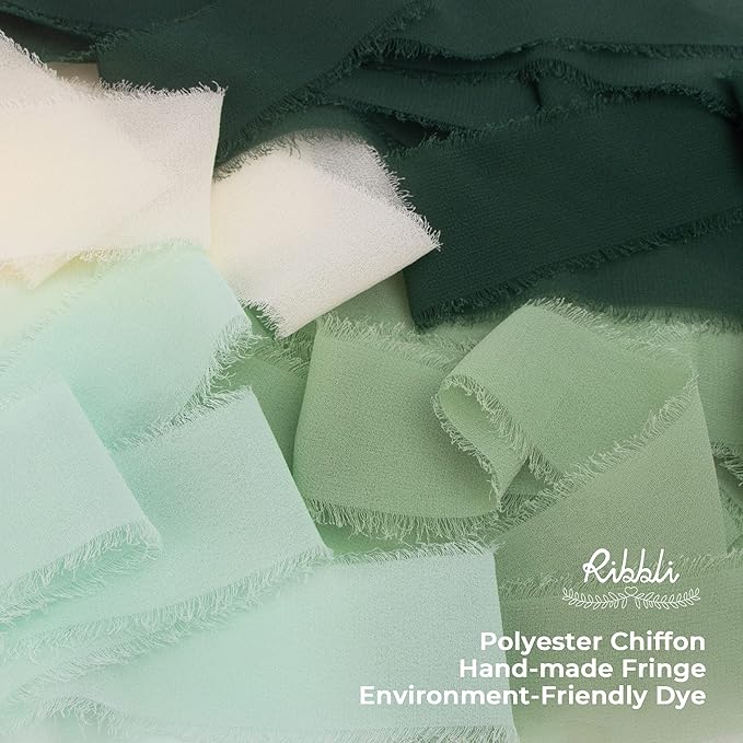 Ribbli Forest Green Chiffon Ribbon 1-1/2 inch x 20 Yard Handmade Fringe Chiffon - Image 2