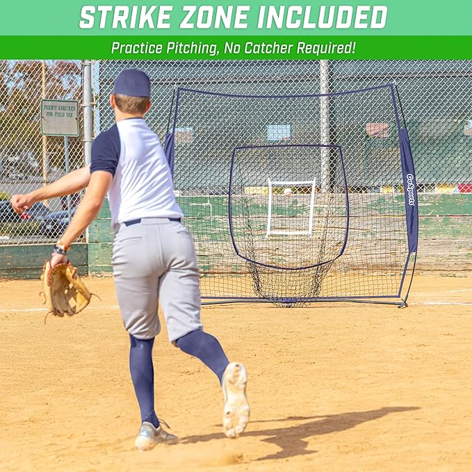 GoSports 7 x 7 ft Baseball & Softball Nets - Available in Team Colors - Batting & Pitching Net with Strike Zone