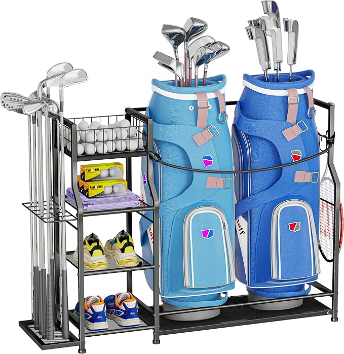 Golf Bag Storage Organizer for Golf Accessories, Golf Bag Stand with Extra Storage Rack for Golf Clubs & Golf Essentials, Golf Bag Holder for Garage Organization Fits 2 Bags, Metal & Wood Construction