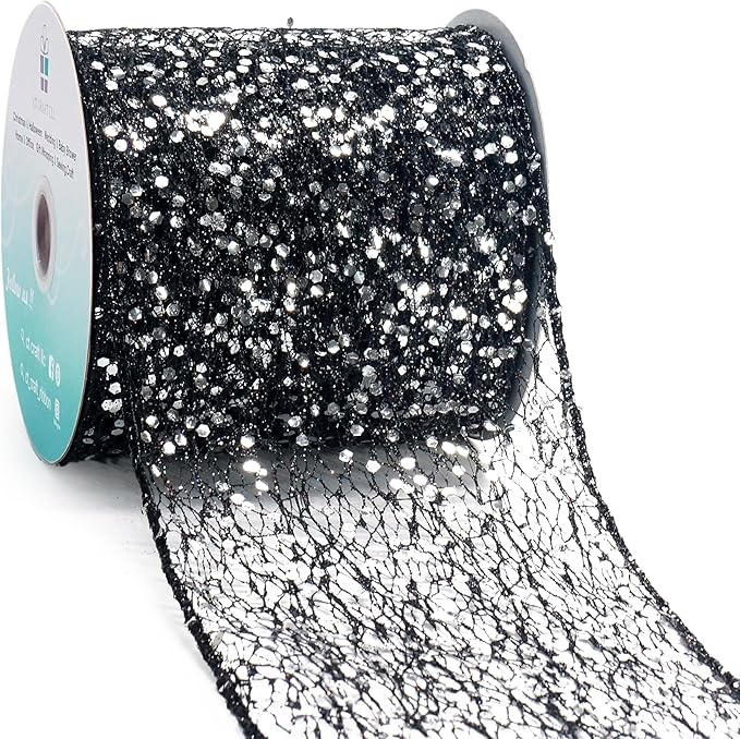 CT CRAFT LLC Sparkling Glitter Mesh Wired Ribbon 4" x 10 Yards Black by CTCRAFTLLC