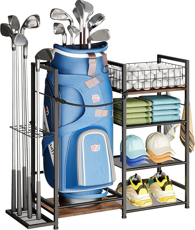 Golf Bag Organizer for Golf Accessories for Men, Golf Bag Stand with Extra Storage Rack for Clubs, Golf Bag Holder for Golf Storage Fits 1 Bag, Garage, Home or Club Use, Golf Gifts for Dad