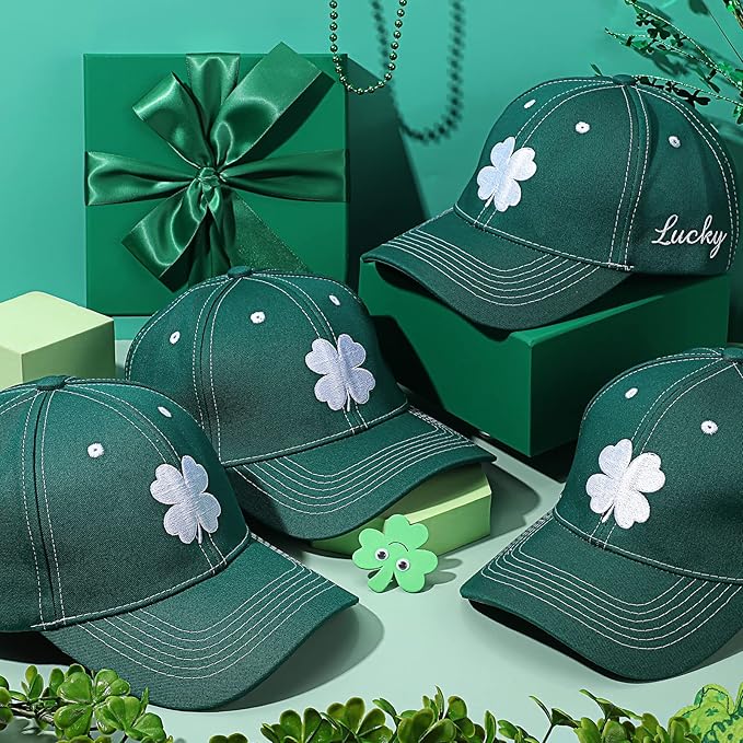 Tigeen 4 Pcs St Patricks Day Clover Caps Shamrock Hat Ireland Irish 4 Leaf St. Patrick's Day Hat Gift Men Women Baseball Cap