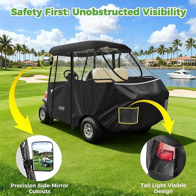 10L0L 2/4/8 Passenger Golf Cart Enclosure for Club Car Precedent/Tempo/Onward, 600D Waterproof Golf Cart Rain Cover, Driving Enclosure with 4-Sided Clear Windows Roll-up Door Black -Roof 58"-141"