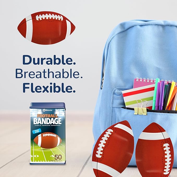 BioSwiss Bandages, Football Shaped Self Adhesive Bandage Set, Latex Free, Sterile Wound Care, 50 Count