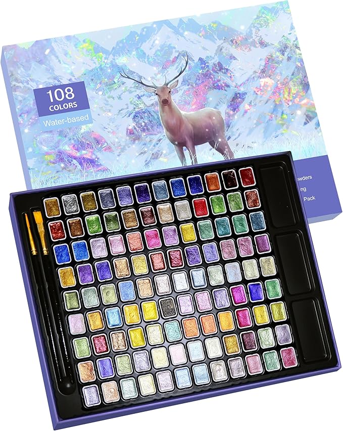 Mini Shimmer Watercolor Paint Set, 108 Colors Glitter Metallic Watercolour by GlisDyck