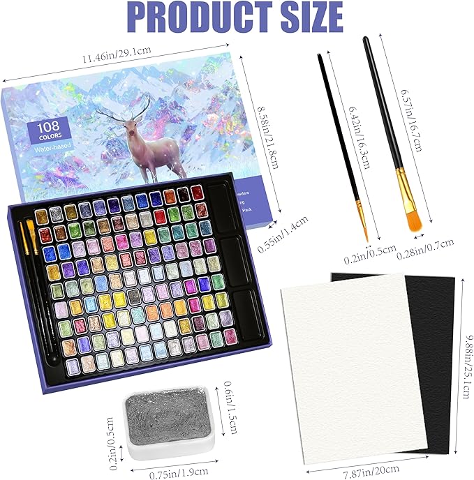 Mini Shimmer Watercolor Paint Set, 108 Colors Glitter Metallic Watercolour - Image 2