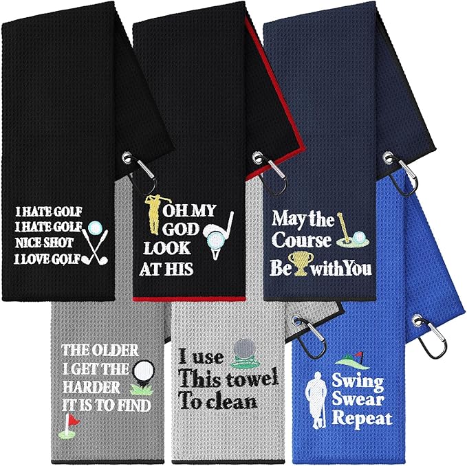 Moukeren 6 Pcs Fathers Day Gift Funny Golf Towel 16 x 24 Microfiber Embroidered Ball Towel Swing Swear Repeat Waffle Pattern for Golf Bags with Clip Accessories for Fan Gift Retirement Present(Men)