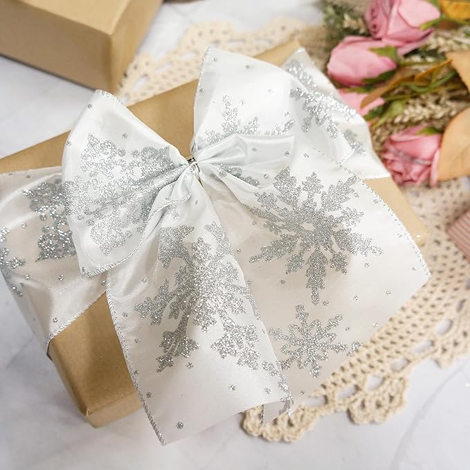 CT CRAFT LLC White Satin with Silver Snowflake Wired Ribbon 4 Inch x 10 Yards - Image 5