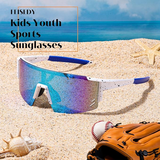 FEISEDY Kids Sunglasses Youth Baseball Sun Glasses, UV400 Sports Teens Cycling Shades for Boys Girls Age 8-16 B0048