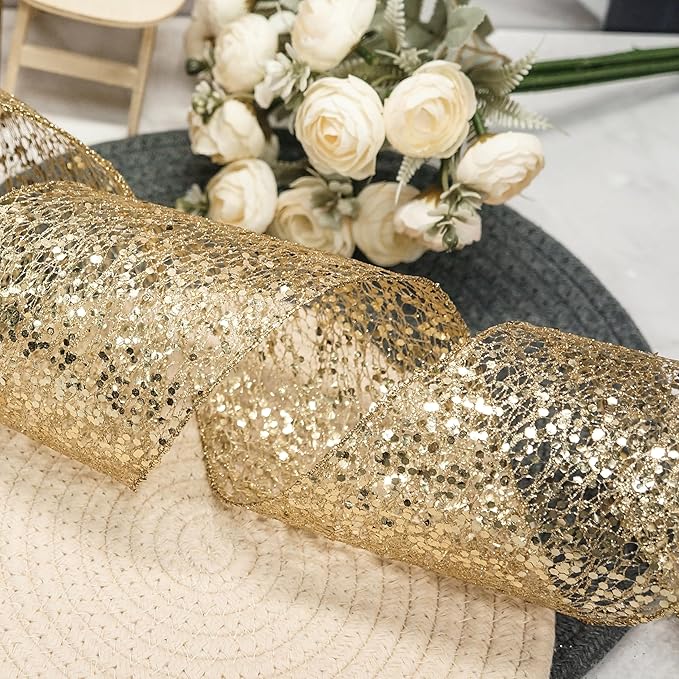 CT CRAFT LLC Sparkling Glitter Mesh Wired Ribbon 4" x 10 Yards Gold - Image 7
