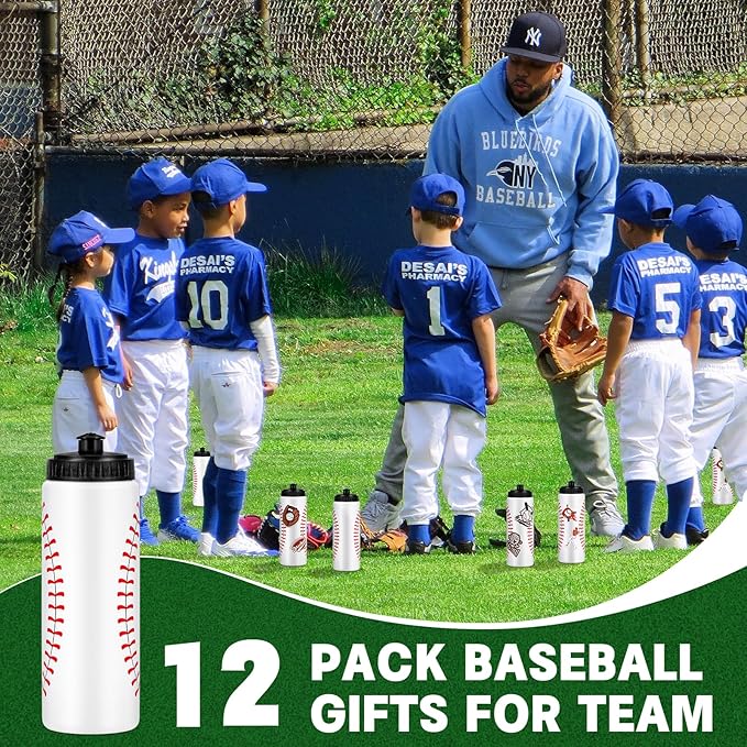 DI QIU REN 12 PCS Baseball Water Bottle Bulk with 300 PCS Stickers, 20 OZ Plastic Reusable Baseball Water Bottles for Boys, Squeeze Water Bottles Sports for Team, Sports Bottles Squeeze for Gym