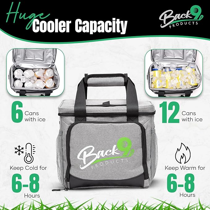 Back9Products Golf Cart Cooler Bag with Magnetic Lid - 12 Can Soft Sided Insulated Cooler, Leakproof & Waterproof - Portable Cooler for Push Carts, Work, Camping, Travel, Men & Womens Gifts