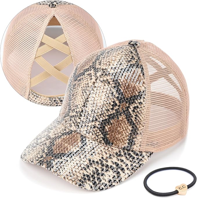 C.C Ponycap Messy High Bun Ponytail Adjustable Glitter Mesh Trucker Baseball Cap