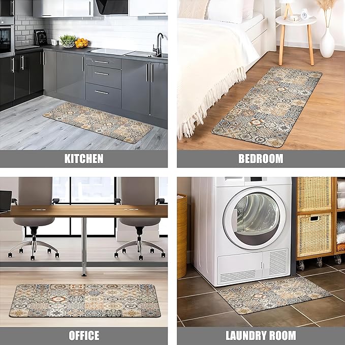 Boho Kitchen Rugs Set 2 Memory Foam Colorful Ceramic Comfort Tile Floor Mat - Image 6