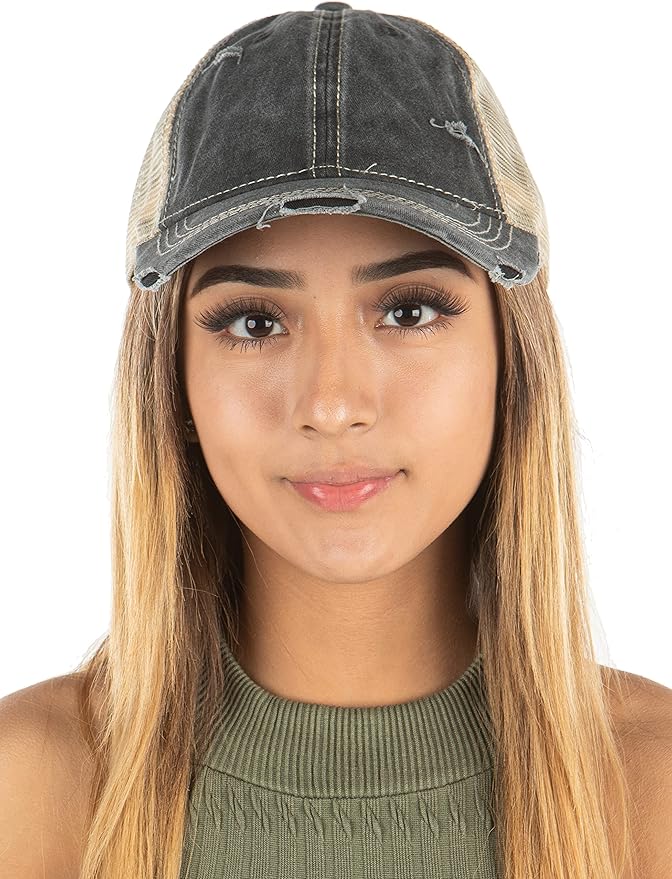Funky Junque Trucker Hat for Women – Distressed Low Profile Western Camo Baseball Cap with Mesh, Trendy and Adjustable Fit