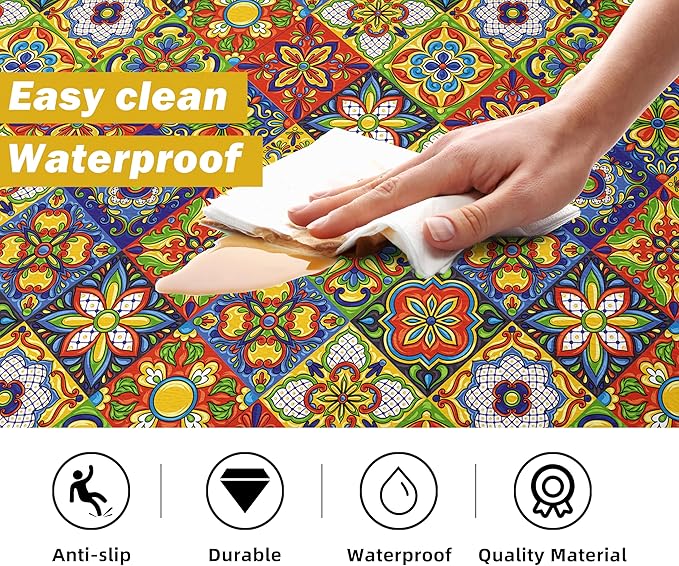 Boho Kitchen Rugs Set 2 Memory Foam Colorful Ceramic Comfort Tile Floor Mat - Image 5