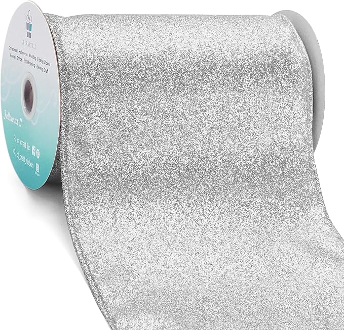 CT CRAFT LLC Glitter Wired Ribbon 6" x 10 Yards Silver by CTCRAFTLLC