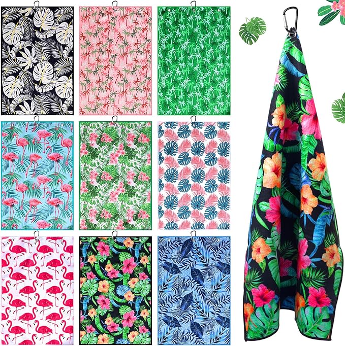 Fanfanwin 9 Pcs Golf Towel Bulk 24 x 16 Inches Microfiber Waffle Towel with Clip Tri Fold Portable Rag Accessories for Golf Bag Mini Tournament Club Yoga Fitness Remove Sand Mud Dirt Sweat(Hawaiian)