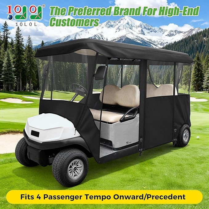 10L0L 2/4/8 Passenger Golf Cart Enclosure for Club Car Precedent/Tempo/Onward, 600D Waterproof Golf Cart Rain Cover, Driving Enclosure with 4-Sided Clear Windows Roll-up Door Black -Roof 58"-141"