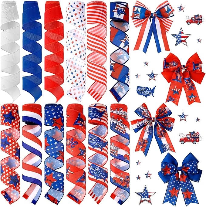 12 Rolls 60 Yards 4th of July Patriotic Ribbon Stars and Stripes Burlap Wired by Unknown