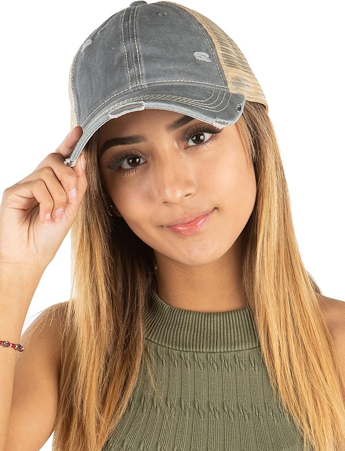 Funky Junque Trucker Hat for Women – Distressed Low Profile Western Camo Baseball Cap with Mesh, Trendy and Adjustable Fit