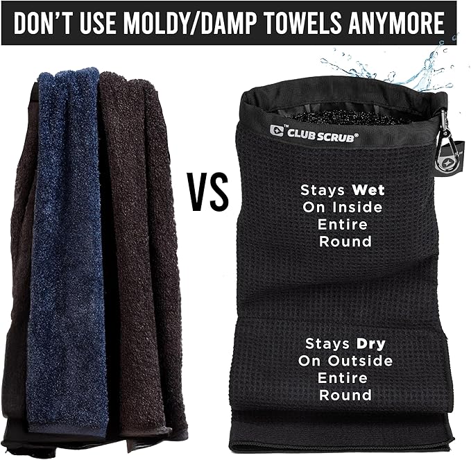 Club Scrub Towel Pro, Golf Club and Ball Cleaning Pouch with Attached Towel, Waterproof Exterior, Clean Face Technology Liner, Machine Washable, Cleans Club Grooves, Waffle-Weave Microfiber