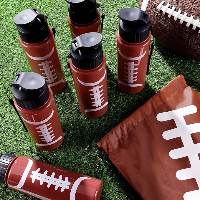 Olgaa 12 Pcs Football Party Favors Include 6 Pcs Water Bottle 20 oz 6 Pcs Drawstring Bag Sports Themed Reusable Drink Bottles Bulk Accessories for Players Lovers Team Gifts (Football)