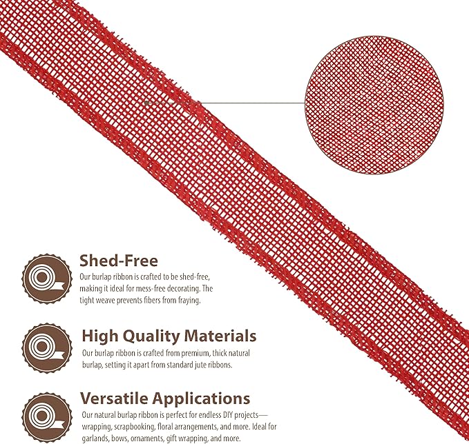 Mandala Crafts Red Burlap Wired Ribbon 3 Inches Wide Jute Ribbons - Image 3