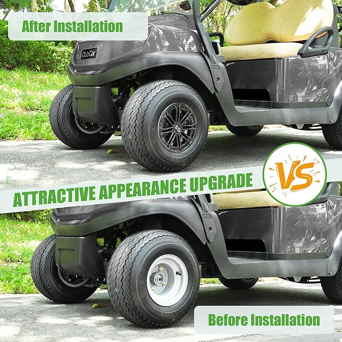 10L0L Golf Cart SS Wheel Covers Hub Caps for EZGO, Club Car, Yamaha - 8 Inch Snap-on Installation, New Black, Set of 4