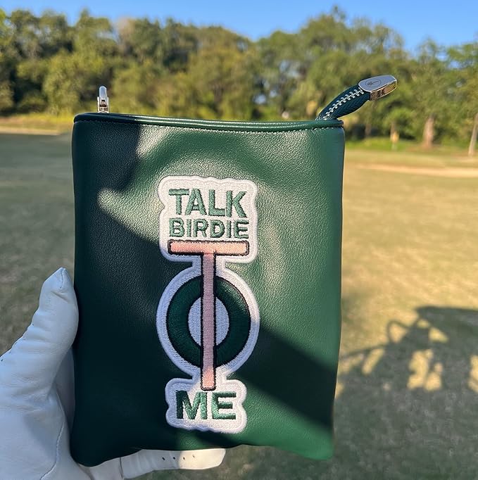 PINKTEE Golf Valuables Pouch Premiun Leather Tee Bag Funny Golf Accessories Organizer with Zipper Master Green for Women Men (TALK BIRDIE TO ME, White stripe)