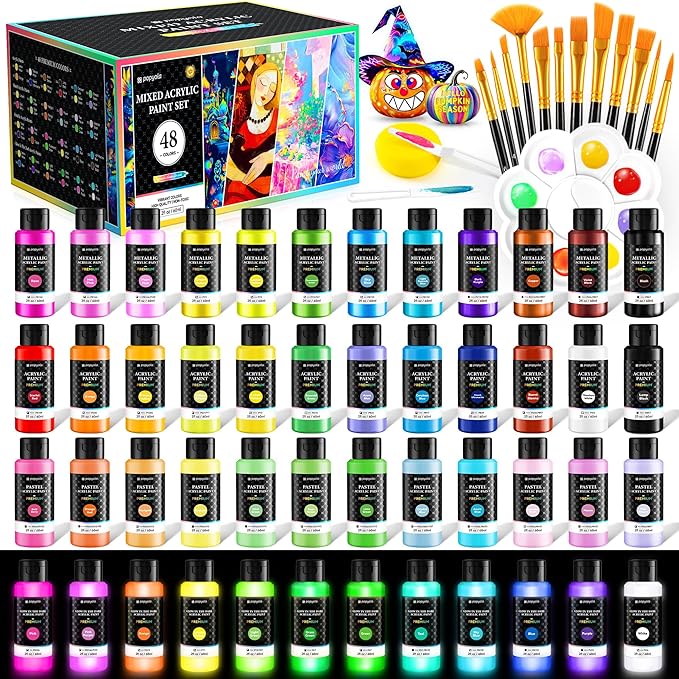 64 PCS Classic & Pastel & Metallic & Glow in the Dark Acrylic Paint Set by POPYOLA