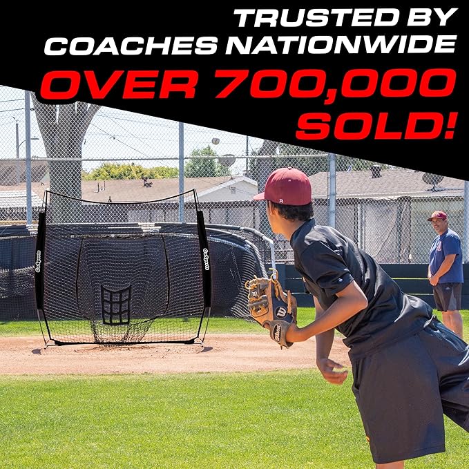 GoSports 7 ft x 7 ft Baseball & Softball Nets - Red, Black, or PRO -Practice Hitting & Pitching Net with Bow Type Frame, Carry Bag and Strike Zone, Great for All Skill Levels