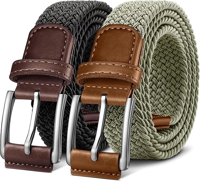 BULLIANT Belt for Men 2Pack,Mens Gift Stretch Braided Web Belt Elastic for Casual Golf Jeans,1 3/8"