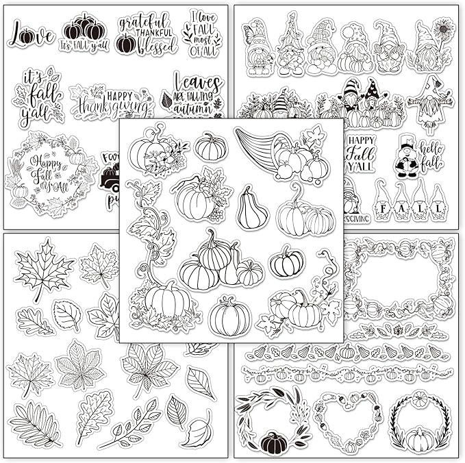 Whaline 5 Sheet Fall Thanksgiving Clear Stamps Autumn Leaves Pumpkin Gnome by Whaline