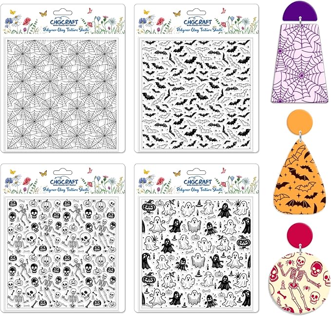 CHGCRAFT 4 Pcs Halloween Elements Polymer Clay Texture Sheets Ghosts Silicone by chgcraft