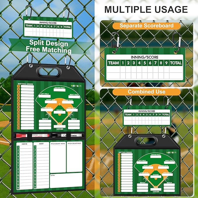 Magnetic Baseball Lineup Board for Dugout | Professional Baseball/Softball Clipboard for Coaches, Foldable | Leather Cover | Carry Handle | Detachable Scoreboard | 30 Lineup Cards