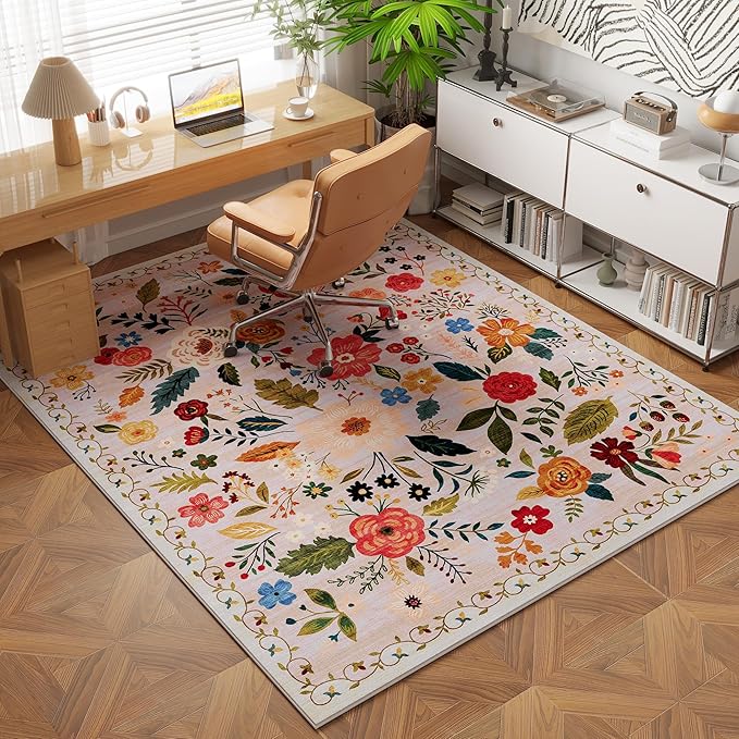 Rugcomf Area Rug 4x6 Rug Washable Boho Rugs Non Slip Low Pile Floral Small - Image 6
