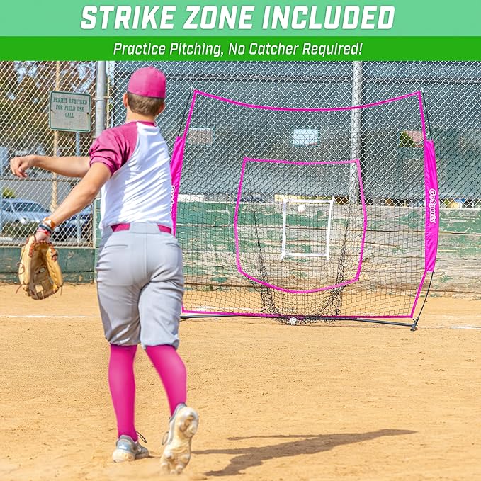 GoSports 7 x 7 ft Baseball & Softball Nets - Available in Team Colors - Batting & Pitching Net with Strike Zone