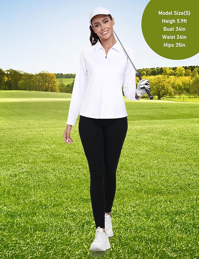 MoFiz Women's Golf Polo Shirt Long Sleeve Collared 1/4 Zip Stretch Soft Athletic Tops for Tennis Hiking & Outdoor Sports
