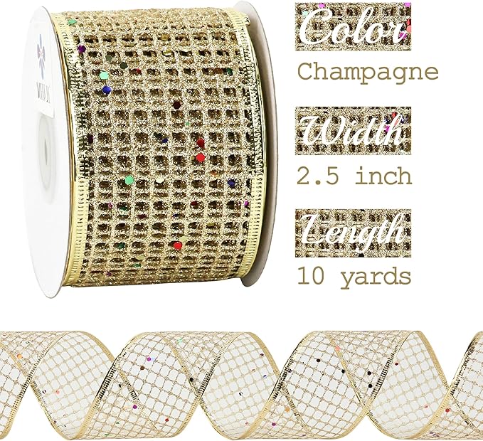 MEEDEE Champagne Gold Glitter Ribbon - Image 2