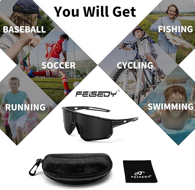 FEISEDY Kids Sunglasses Youth Baseball Sun Glasses, UV400 Sports Teens Cycling Shades for Boys Girls Age 8-16 B0048