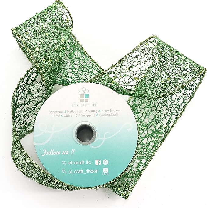 CT CRAFT LLC Sparkling Glitter Mesh Wired Ribbon 2.5" x 10 Yards Green - Image 3