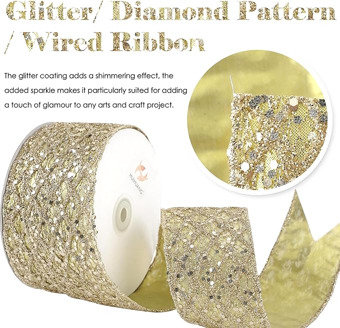 HUIHUANG Champagne Glitter Wired Ribbon - Image 3