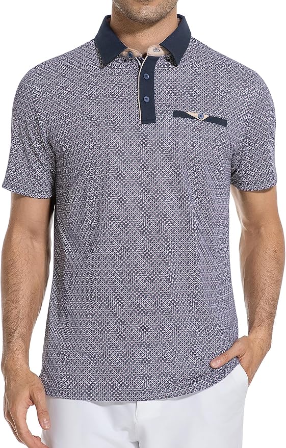Esabel.C Men's Golf Polo Shirts Print Moisture Wicking Short Sleeve Dry Fit Stretch Polo Shirts for Men with Faux Pocket