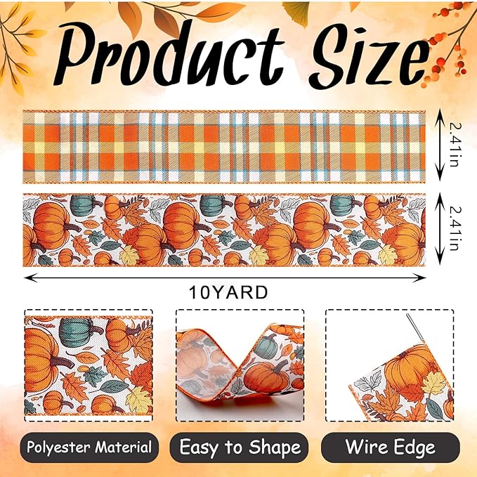 2 Rolls 2.5 Inch x 20 Yards Thanksgiving Fall Wired Ribbon - Image 2